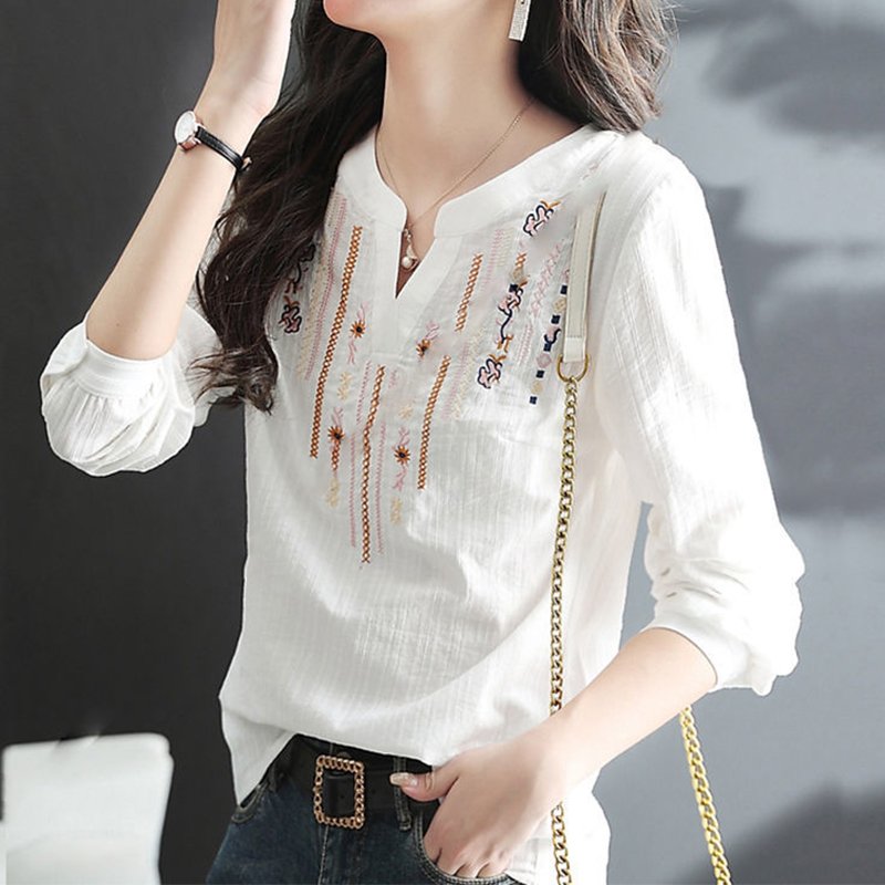 White Casual Embroidered Shirts & Tops