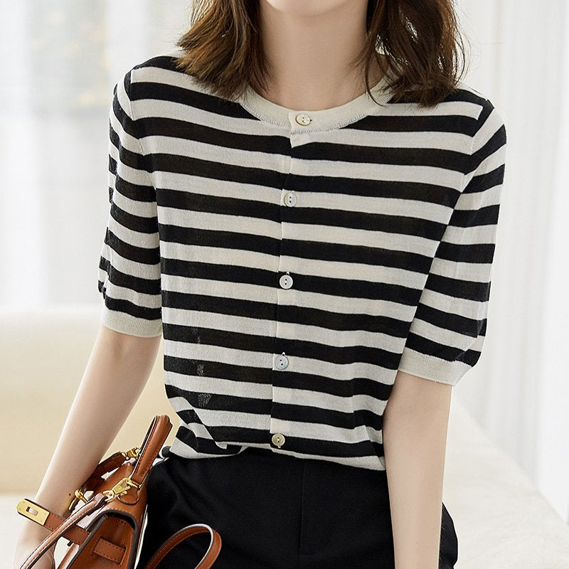 Striped Knitted Short Sleeve Shirts & Tops