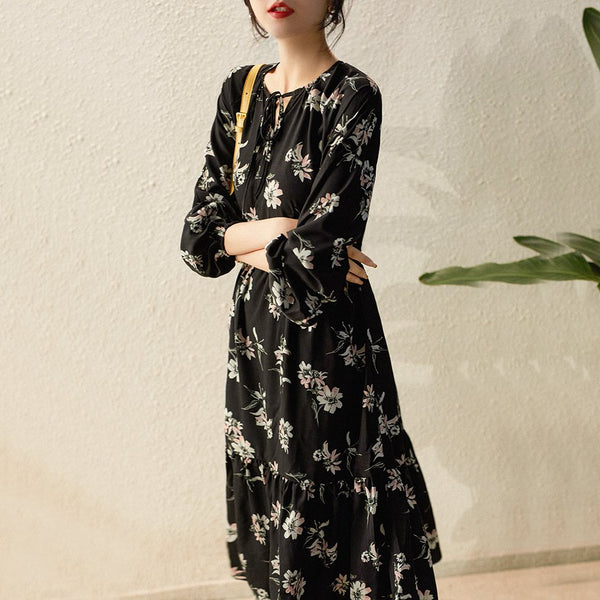 As Picture A-Line Printed Floral Long Sleeve Dresses