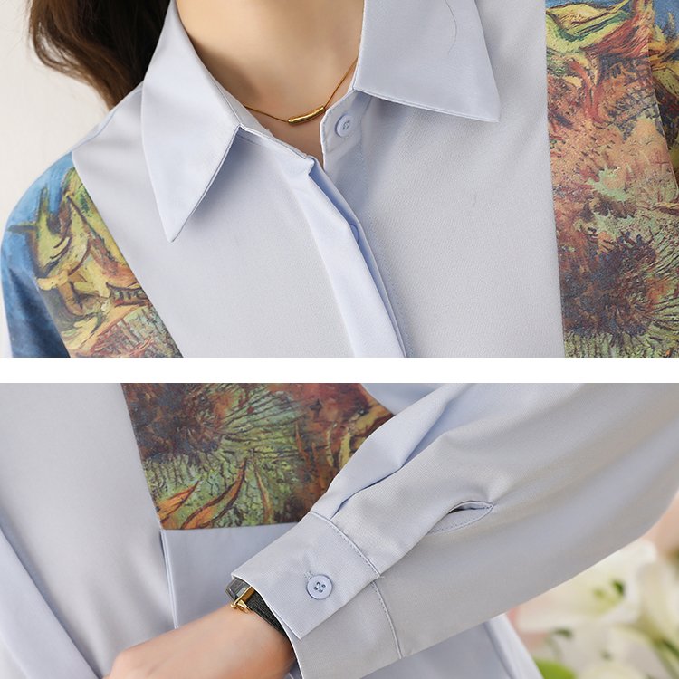 Women Summer&Spring Abstract Pritned Paneled Buttoned Long Sleeve Shirts & Tops