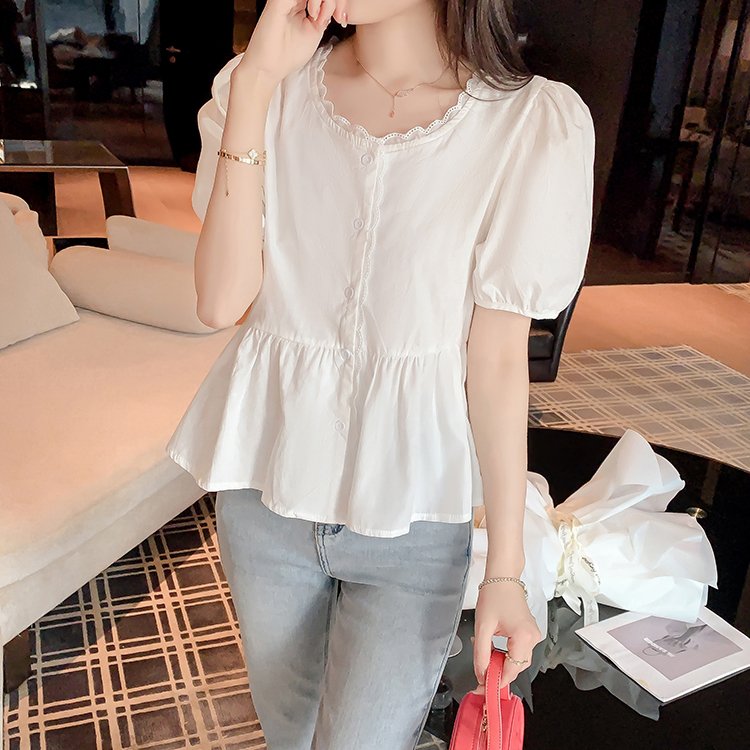 Women Puff SleevesButtoned Solid Sweet & Cute Shirts & Tops