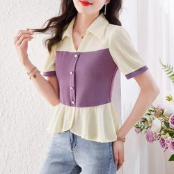 Patchwork Casual Short Sleeve Shirts & Tops