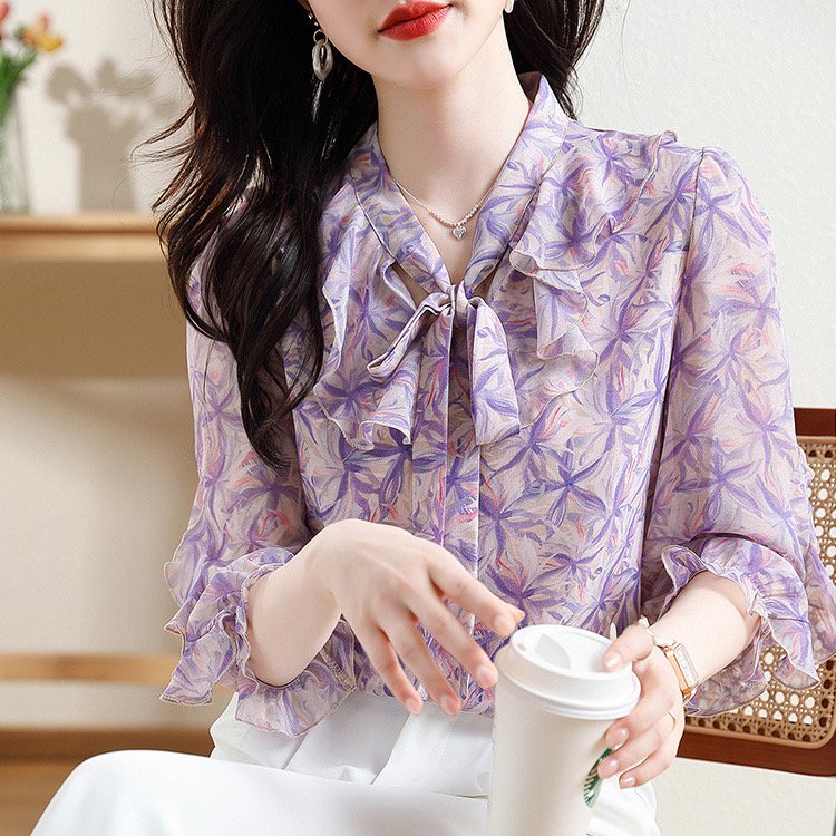 Purple Floral Sweet Silk-Chiffon Shirts & Tops