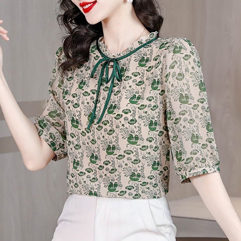 Green Floral Short Sleeve Shirts & Tops
