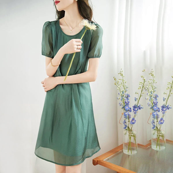 Green Short Sleeve Plain Dresses