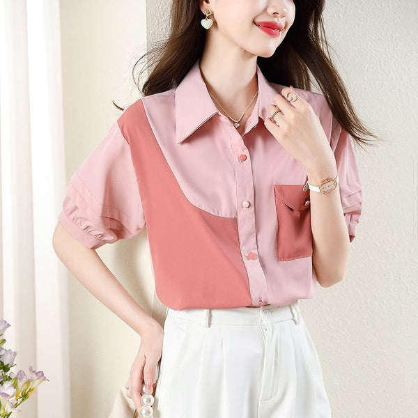 Pink Short Sleeve Patchwork Shirts & Tops
