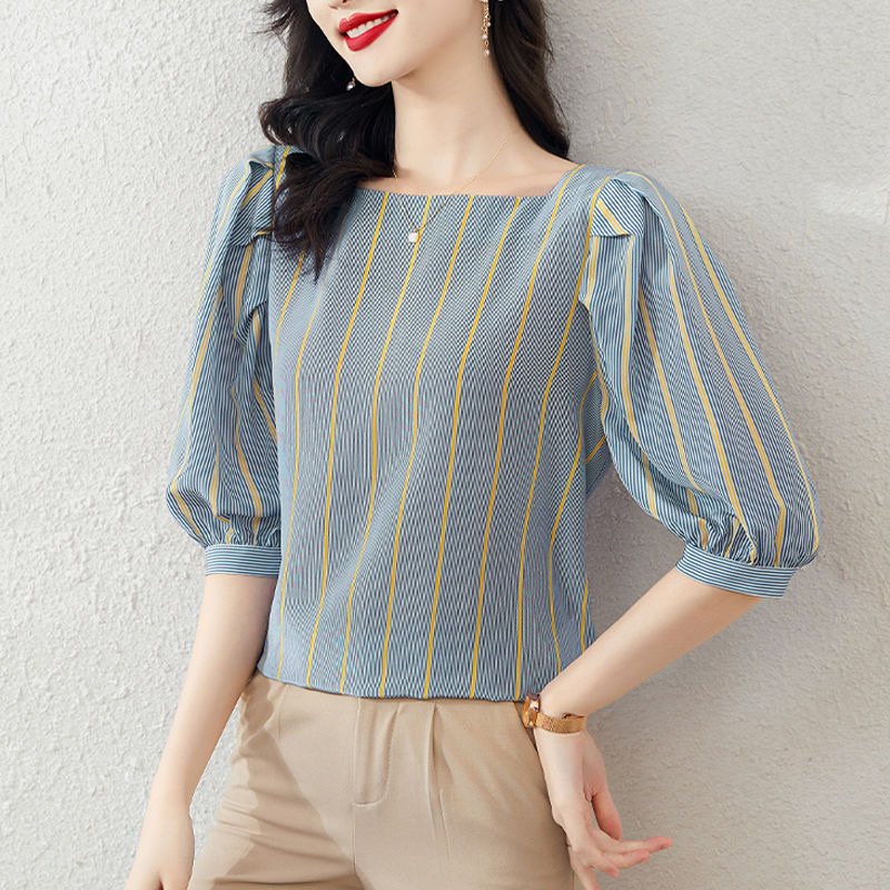 Square Collar Striped Short Sleeve Shirt