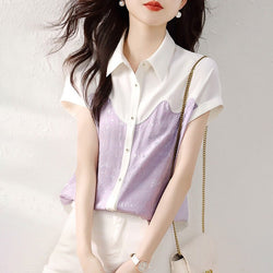 Purple Short Sleeve Patchwork Shirts & Tops