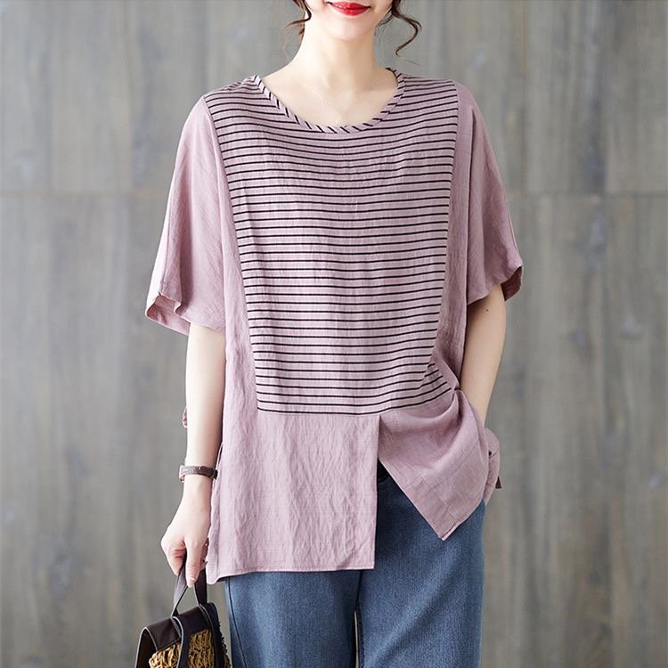 Short Sleeve Striped Cotton-Blend Shirts & Tops