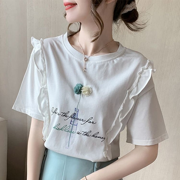 Floral Cotton-Blend Sweet Shirts & Tops