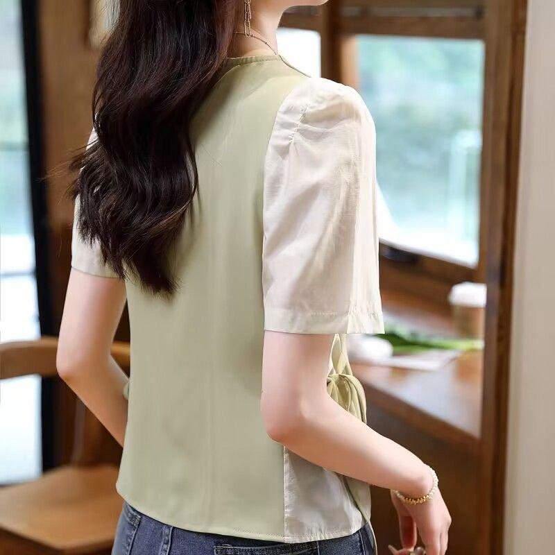 Green Short Sleeve Patchwork Shirts & Tops