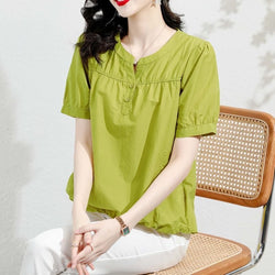 Short Sleeve Plain Shift Cotton-Blend Shirts & Tops