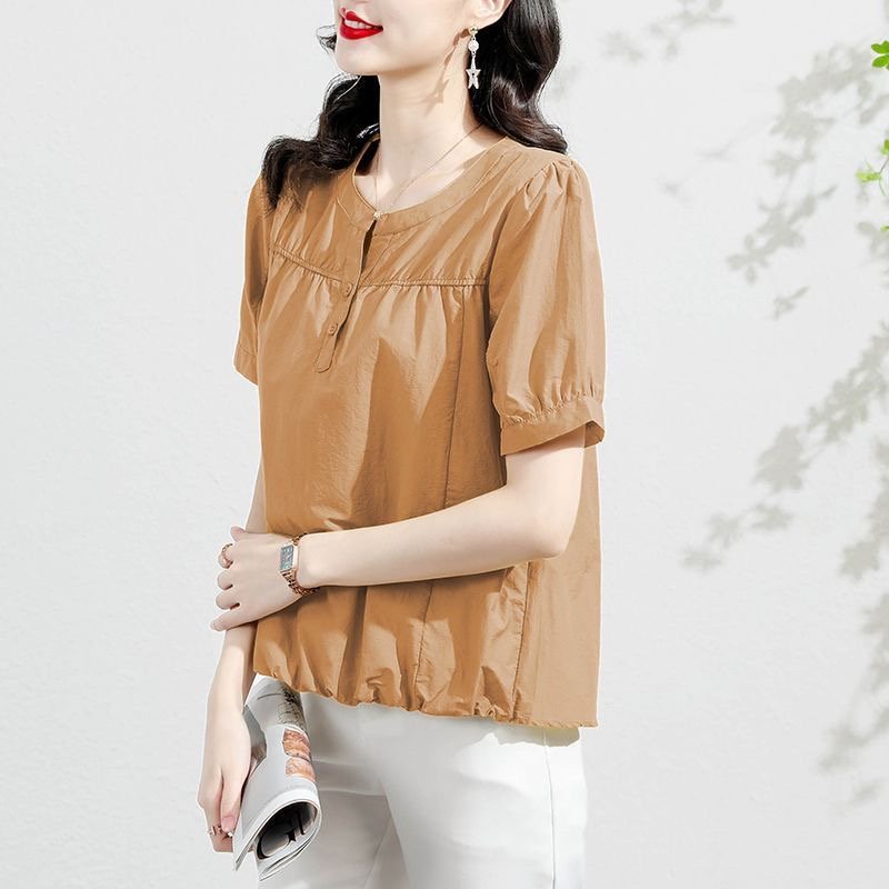 Short Sleeve Plain Shift Cotton-Blend Shirts & Tops