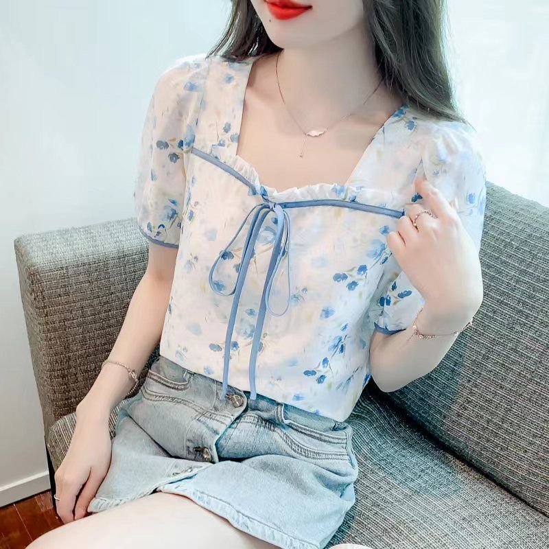 Blue Floral Short Sleeve Shirts & Tops