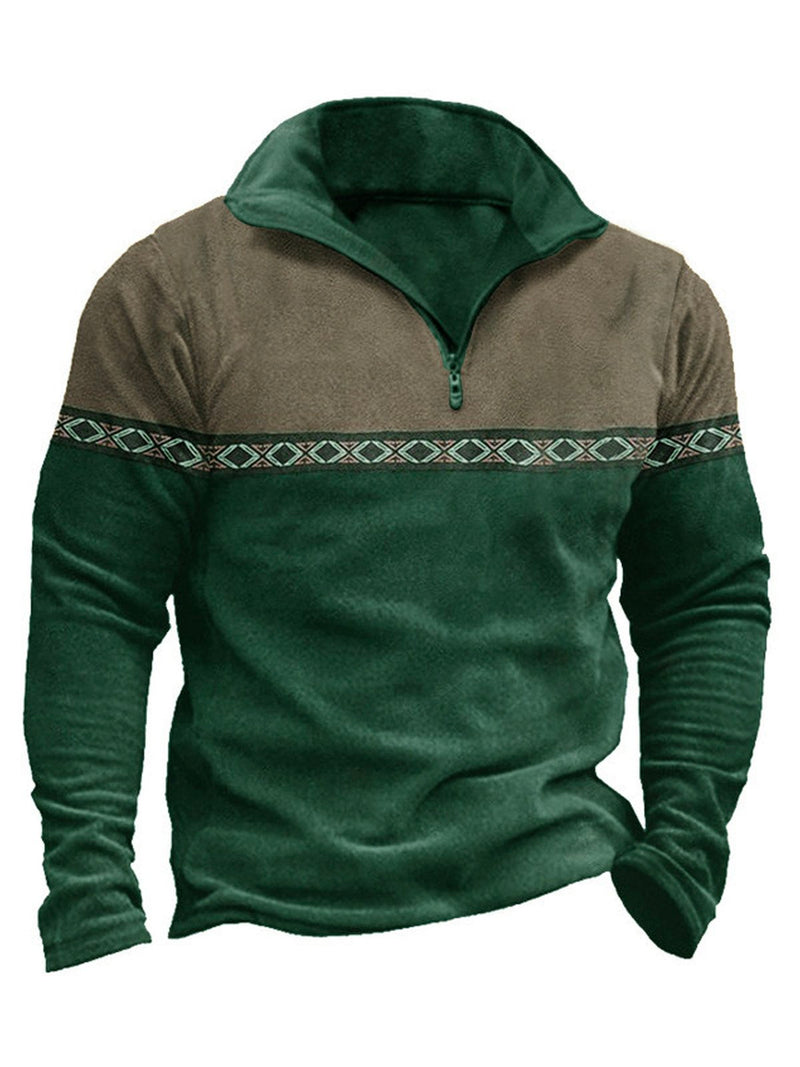 Men's Retro Contrast Color Geometric Printed Zipper Stand Collar Sweatshirt
