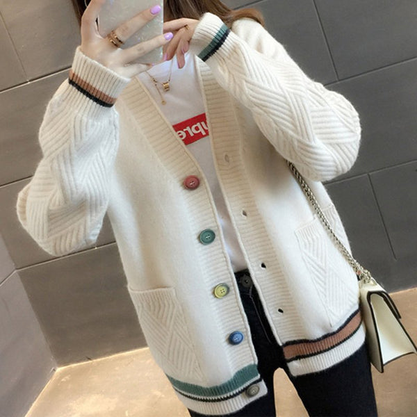 Casual Long Sleeve Striped  Buttoned Knitted Outerwear