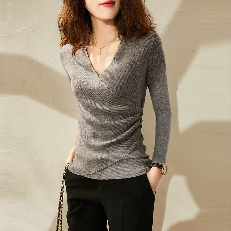 Knitted V Neck Long Sleeve Acrylic Shirts & Tops