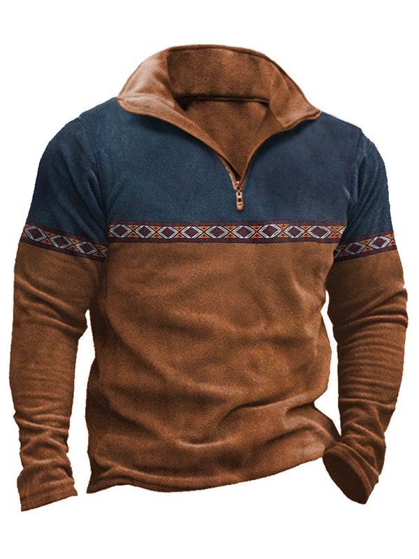 Men's Retro Contrast Color Geometric Printed Zipper Stand Collar Sweatshirt