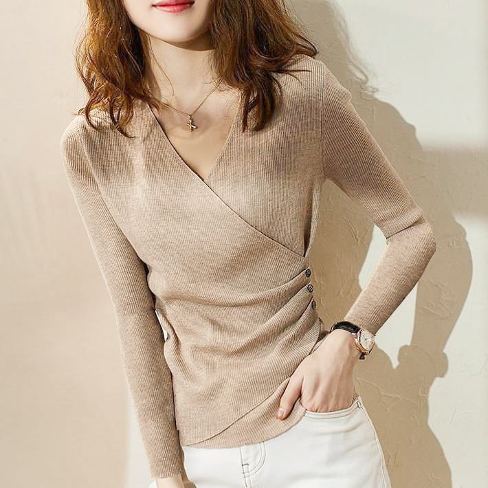 Knitted V Neck Long Sleeve Acrylic Shirts & Tops