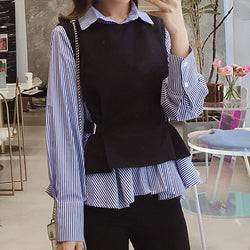 Black Striped A-Line Casual Paneled Shirts & Tops