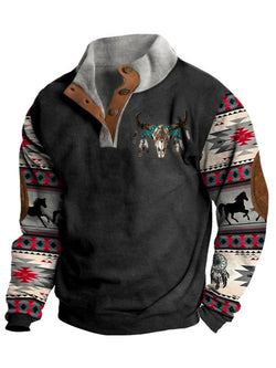 Men's Ethnic Bull Geometric Western Print Vintage Button Stand Collar Sweatshirt