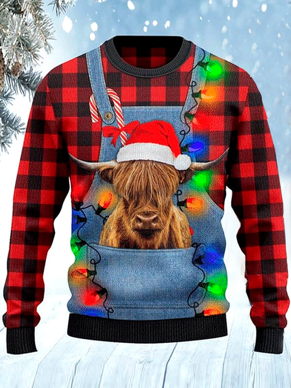 HIGHLAND CATTLE LOVERS RED PLAID SHIRT AND DENIM BIB OVERALLS UGLY CHRISTMAS sweatshirts