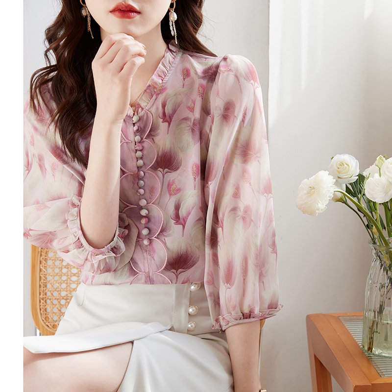 Women Chiffon 3/4 Sleeve Floral Shirts & Tops