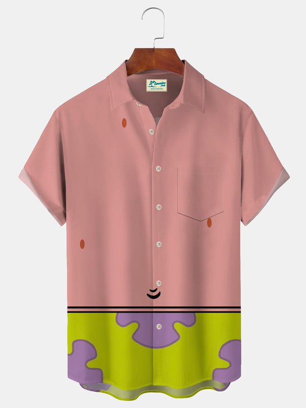 50‘s Vintage Cartoon Pink Men's Casual Shirts Plus Size Stretch Camp Pocket Shirt