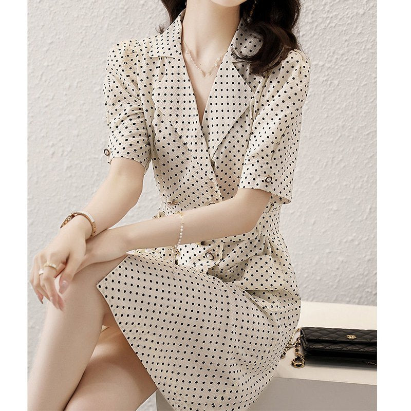Off White Short Sleeve Printed Polka Dots Casual Dresses
