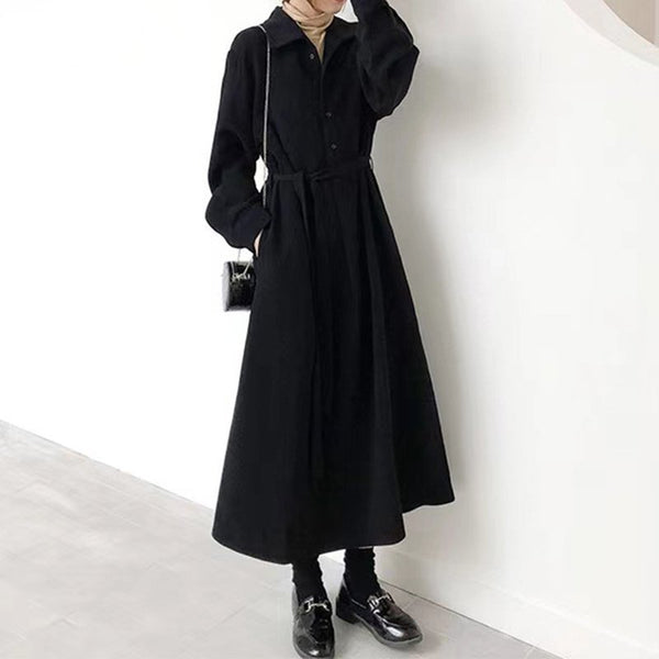 Black Solid Long Sleeve Shift Buttoned Dresses