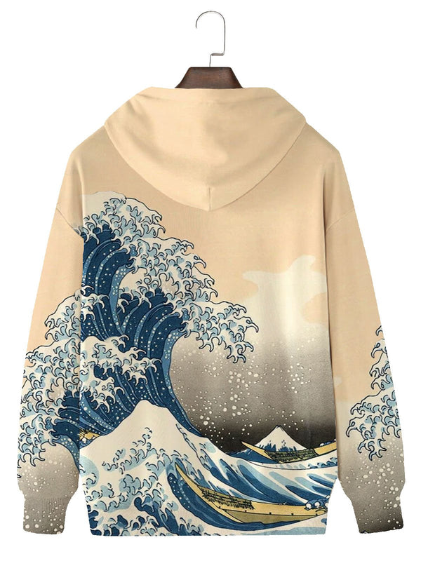 Men's Vintage The Great Wave off Kanagawa Print Long Sleeve Hoodie