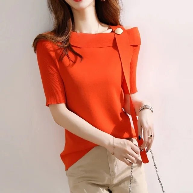 Women One Shoulder Short Sleeve Casual Cutout Knitted Shirts & Tops