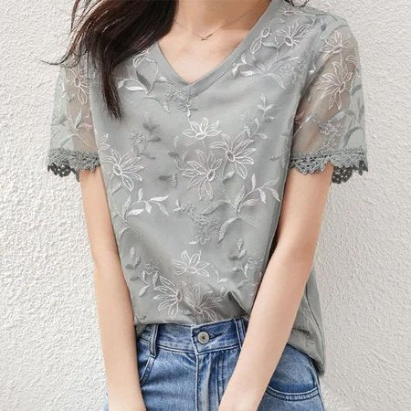Light Gray Floral Short Sleeve Embroidered Shirts & Tops
