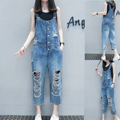 As Picture Denim Ripped One-Pieces