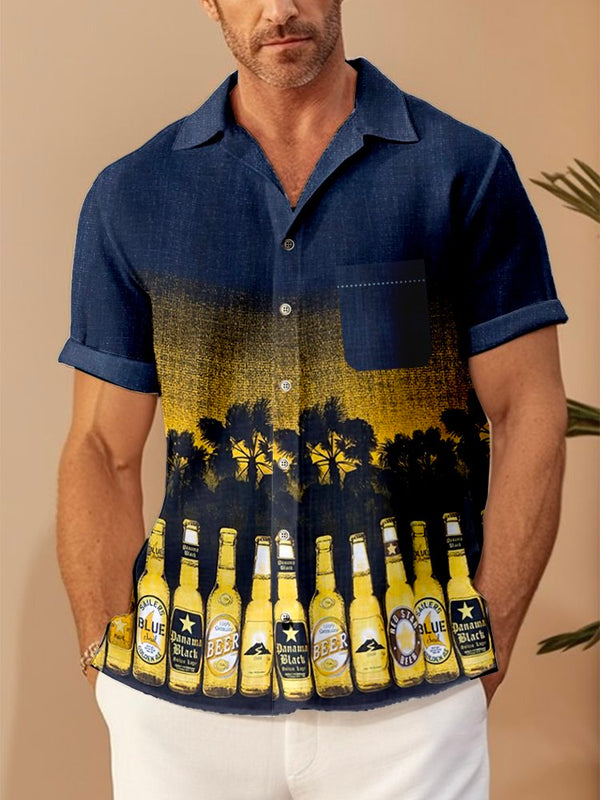 Plum Bamboo Botanical Print Beach Men's Hawaiian Oversized Shirt with Pockets