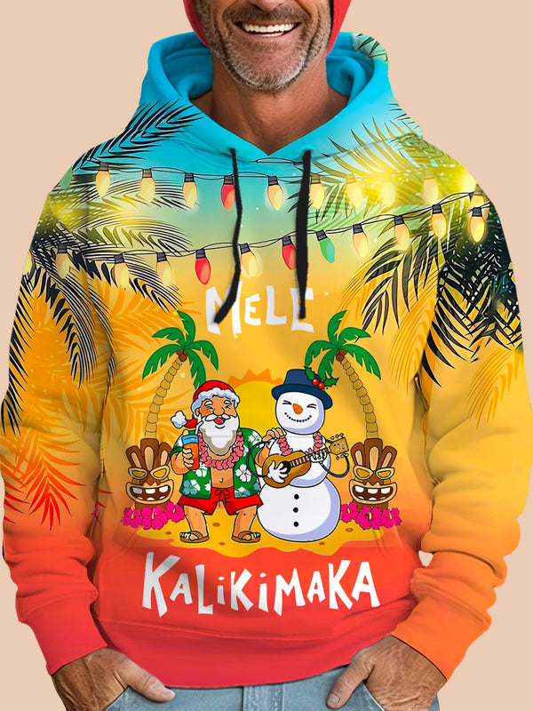 Christmas Mele Kalikimaka Men's Hawaiian Shirts Gradient Mele Kalikimaka Fun Santa Drawstring Hooded Sweatshirt