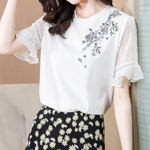 White Shift Short Sleeve Chiffon Floral Shirts & Tops