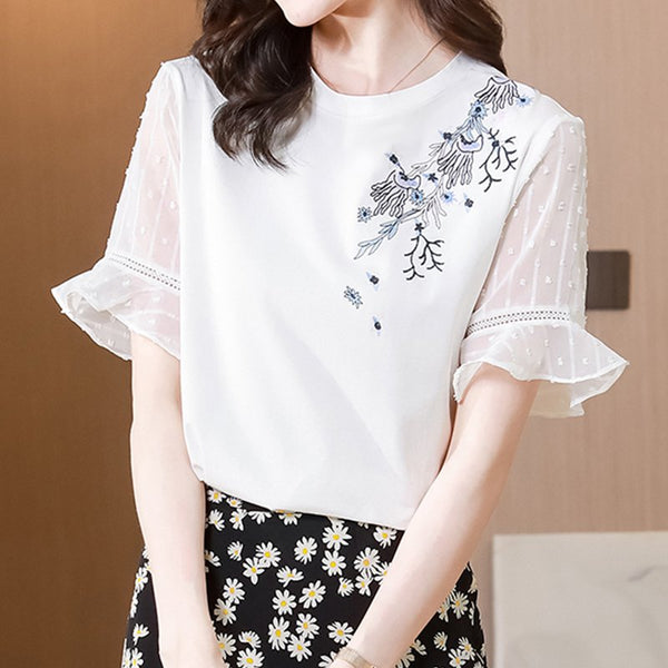 White Shift Short Sleeve Chiffon Floral Shirts & Tops