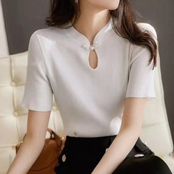 Short Sleeve Casual Cutout Knitted Shirts & Tops
