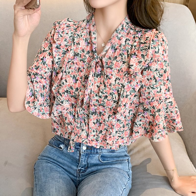 Floral Frill Sleeve Casual Printed Shirts & Tops