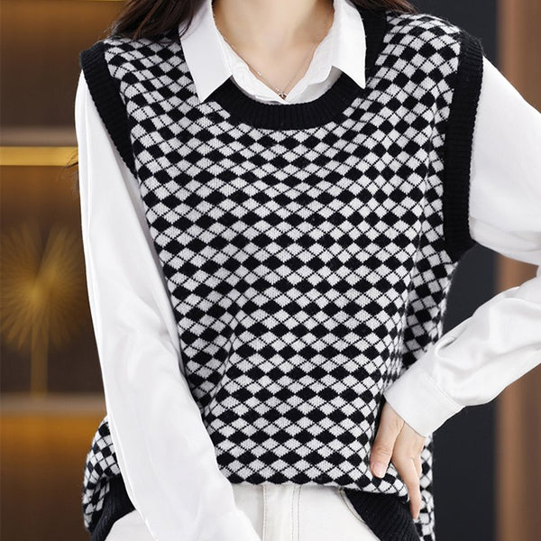 Casual Knitted Checkered/plaid Shift Vests