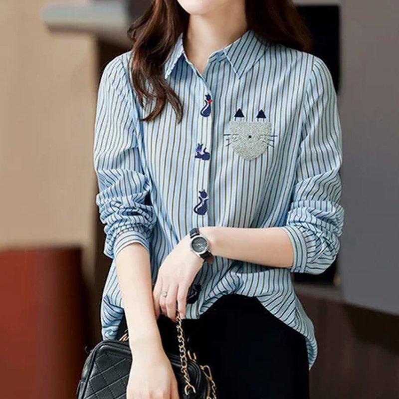 Blue Embroidered Shift Long Sleeve Casual Shirts & Tops