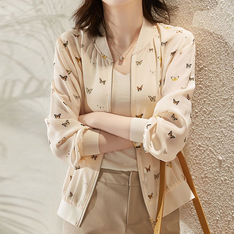 Beige Printed Long Sleeve Shift Casual Outerwear