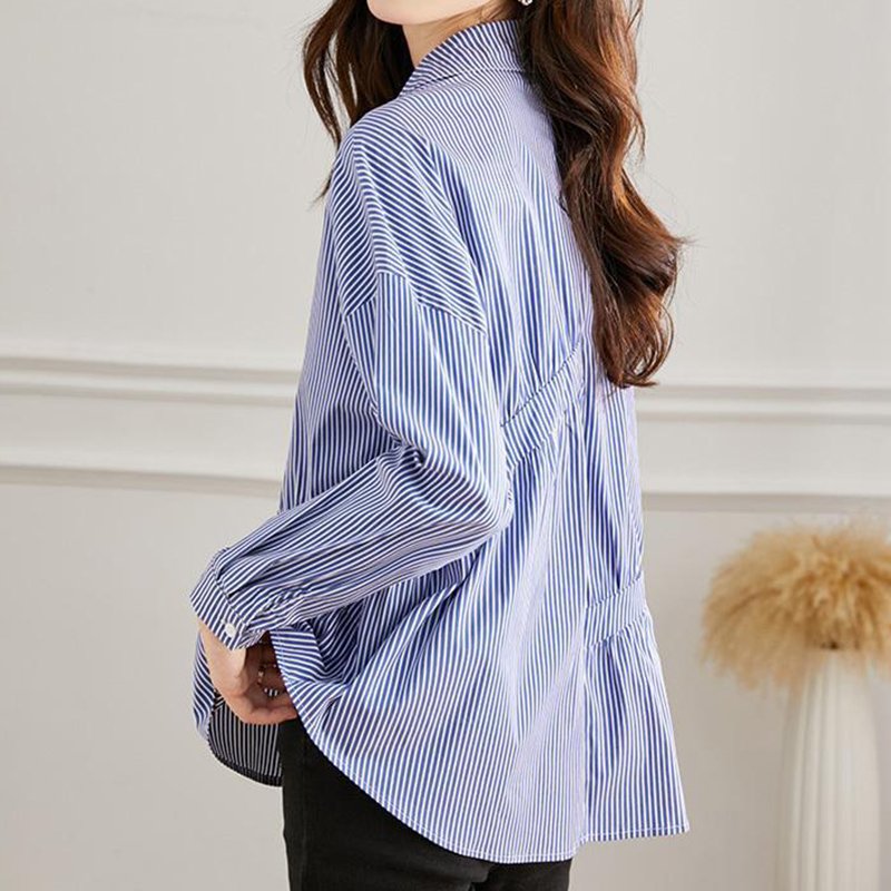 Blue Shirred Casual Striped Shirts & Tops