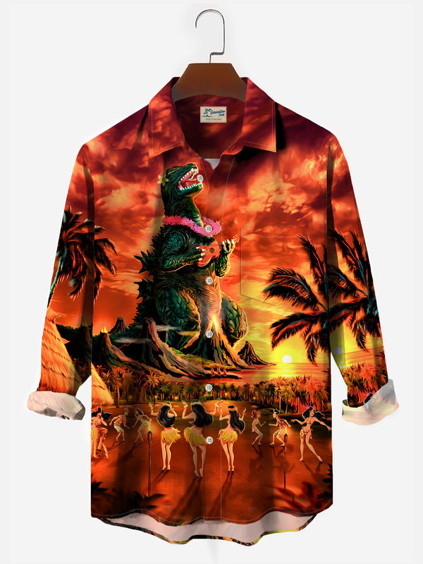 Hawaiian Godzilla Tiki Print Men's Button Pocket Short Sleeve Shirt