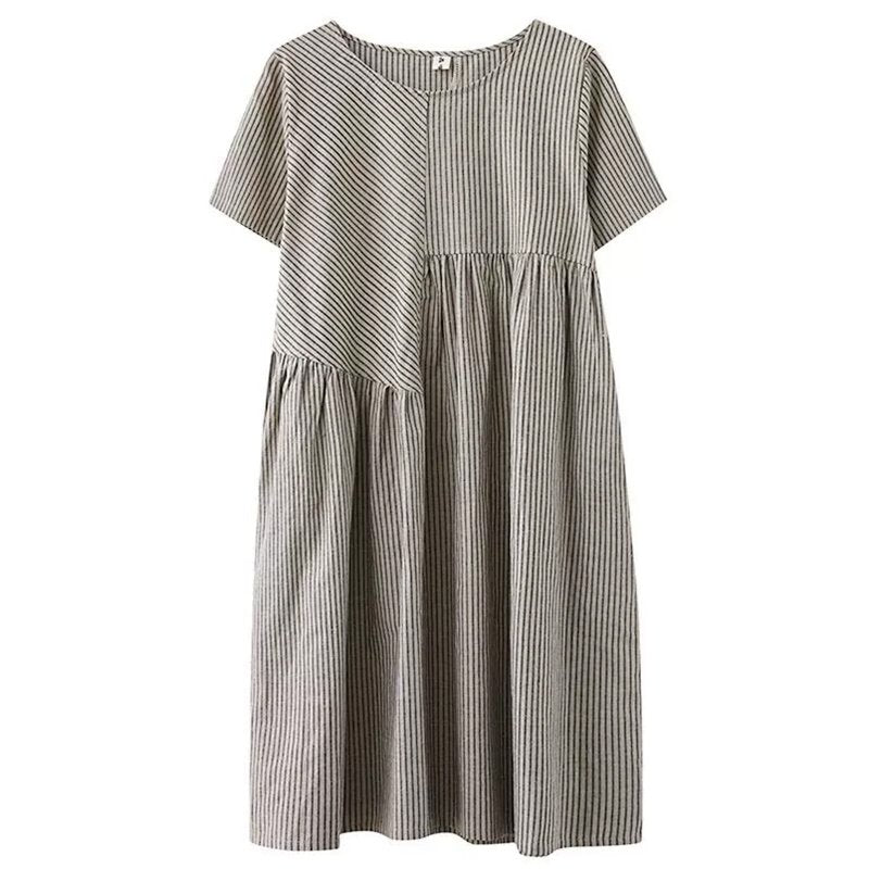 Stripe Asymmetric Swing Cotton Short Sleeve Dresses
