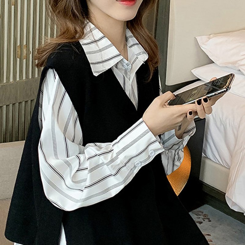 Black Striped Shift Long Sleeve Cotton-Blend Shirts & Tops