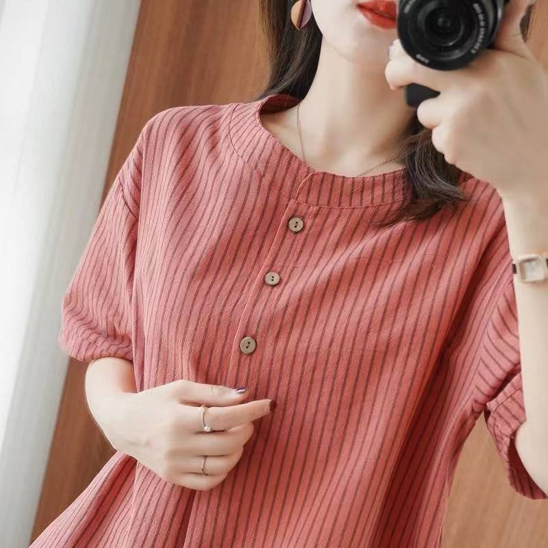 Cotton-Blend Short Sleeve Striped Shift Shirts & Tops