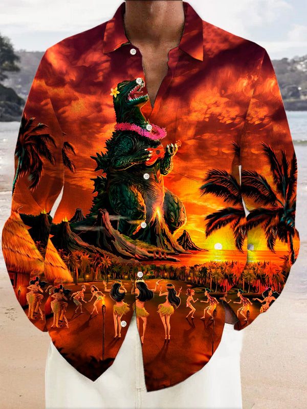 Hawaiian Godzilla Tiki Print Men's Button Pocket Short Sleeve Shirt