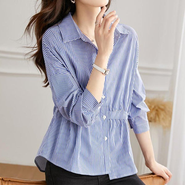 Blue Shirred Casual Striped Shirts & Tops